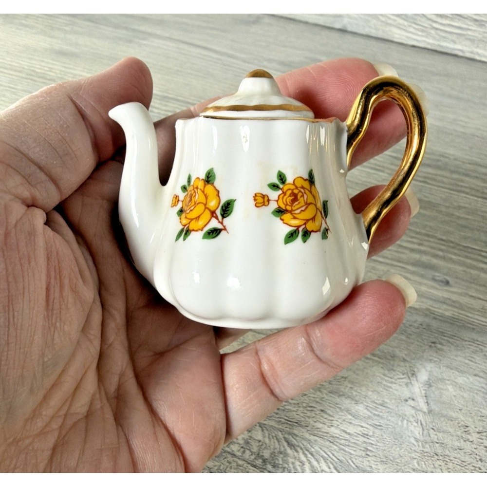 Miniature Teapot Sandford Fine Bone China England Yellow Flowers Gold Trim Mini